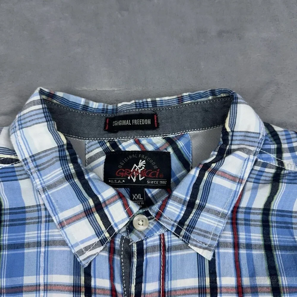 Gramicci Shirt Mens Size XXL Blue Plaid Vented Short Sleeve Button Up Hiking